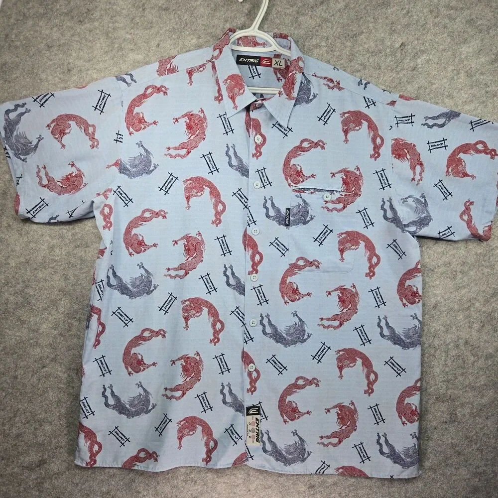 Vintage ENTRIG Dragons Asian Short Sleeve Button Front Casual Shirt Men's XL Y2K